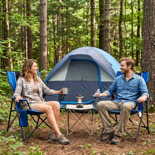 Image of Romswi Portable Folding Camping Chair for Adults, Heavy Duty Outdoor Sports Chair with Dual Cup Holders, Side Pocket and Carry Bag, Camping Chair for Lawn, Beach, Fishing, Picnic and Tailgating,Blue