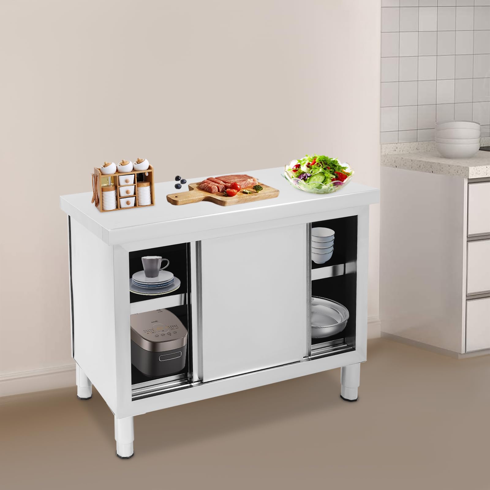 Mesa de trabajo de acero inoxidable para cocina, mesa de trabajo con puertas, armario gastro de acero inoxidable, armario independiente, para despensas, restaurantes, cocinas, grandes cocinas