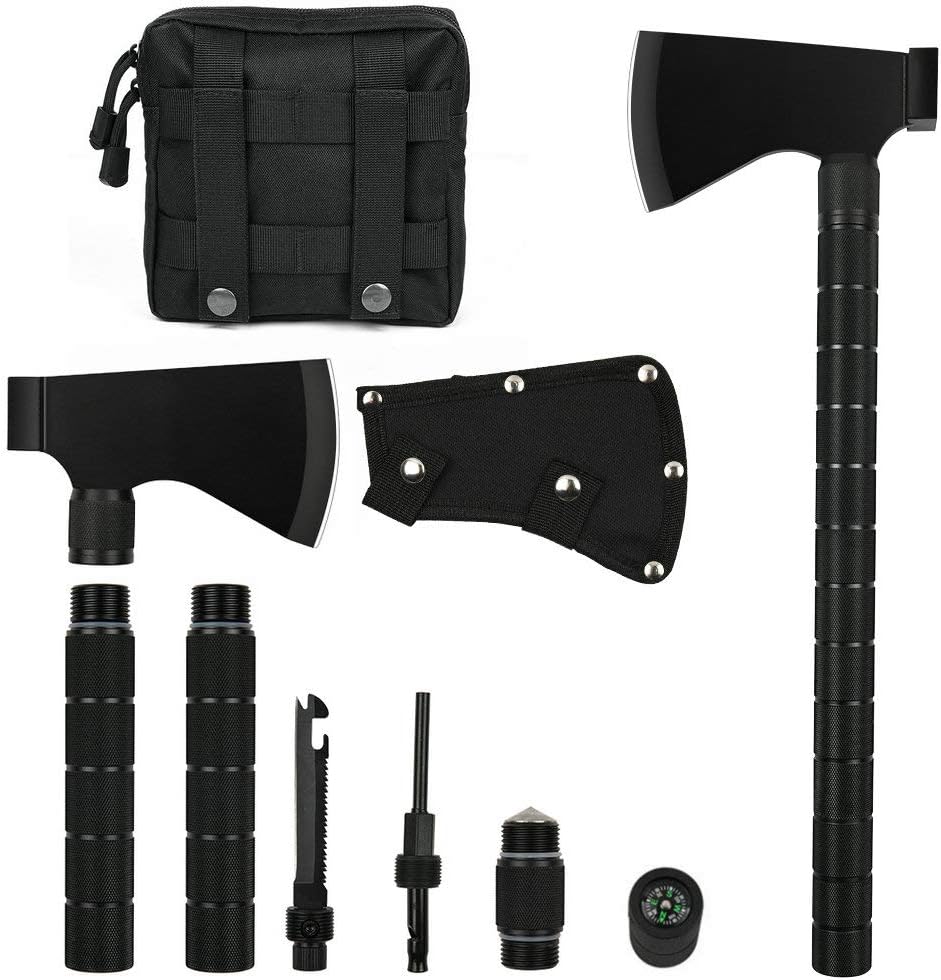 IUNIO Camping Axe Multi-Tool Hatchet Survival Kit Tactical Tomahawk Folding Portable Camp Ax Sheath Hammer Compass Flint Whistle Outdoor Hiking Camping Hunting Emergency Featured Tomahawk