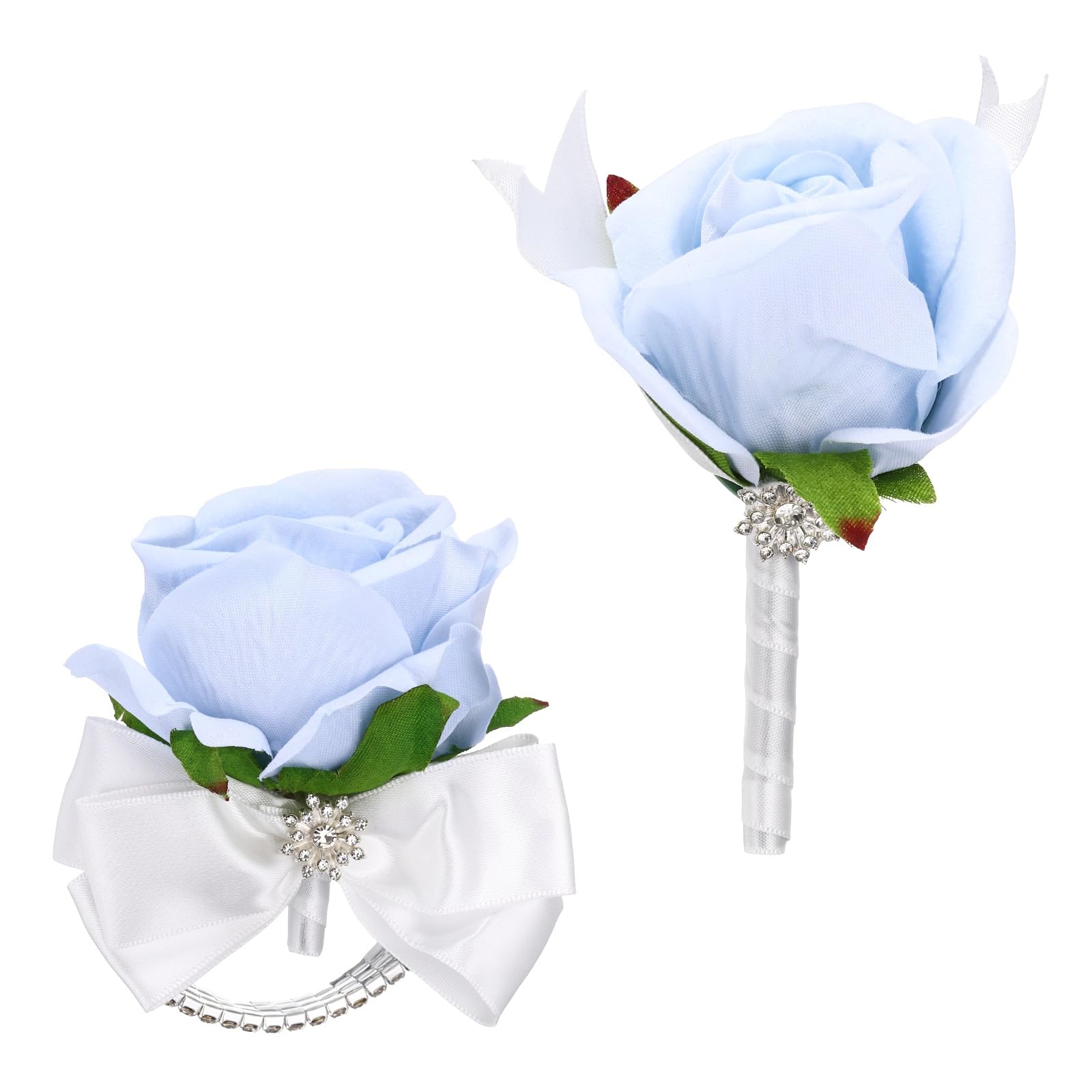 sourcing map 2Pcs Rose Wrist Corsage Boutonnieres Set, Artificial Wrist Corsages Men Boutonnieres with White Satin Ribbon Rhinestone Decor for Prom Wedding Party, Light Blue
