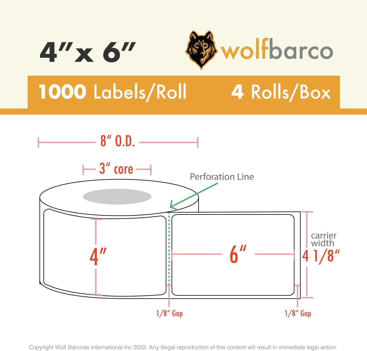 Direct Thermal Paper Label/IndustrialGrade 4" x 6", with Perforation, 3" Core, 8" OD,1000 Pcs/Roll (4Roll/Box) - Green