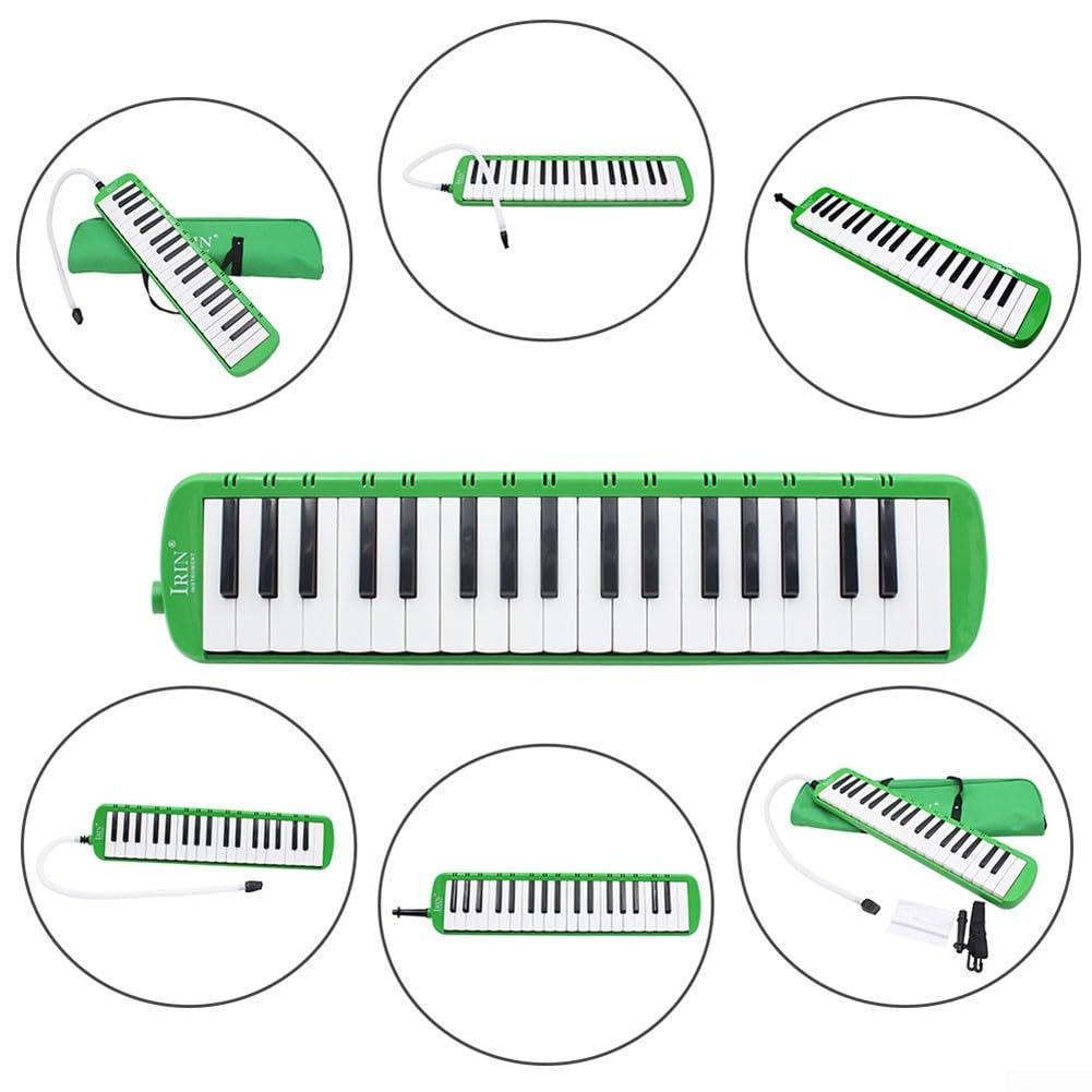 Student Melodica mit 37 Tasten und Tube-Tasche, inklusive kurzen und langen Mundstücken für verschiedene Spielstile (Grün)