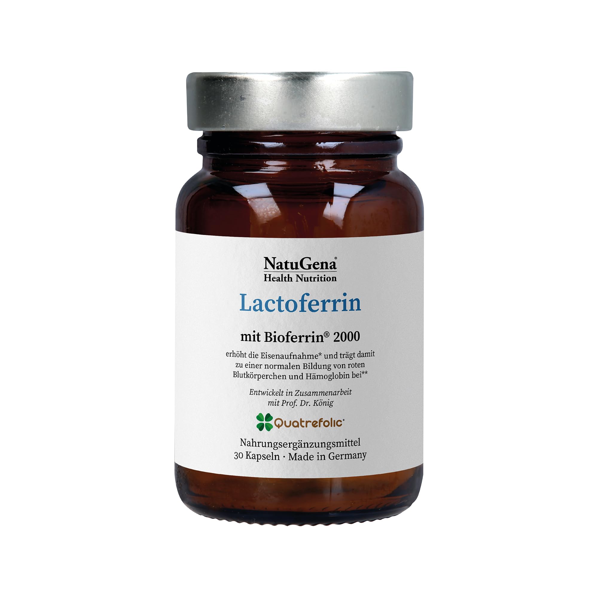 NatuGena Lactoferrin Bioferrin, Eisen (Glycinat & Fumarat) & Vitamin C, Milchprotein, 30 Kapseln (30 Tage Packung)