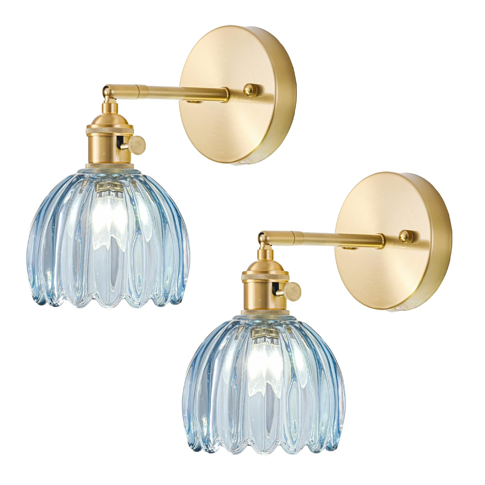 LINSEEDS Wall Sconces Set of Two Hardwired, Vintage Sconce Light with Tulip Denim Blue Glass Lampshade, Bathroom Wall Lights with Switch, Gold Wall Light Sconces Wall Decor Set of 2