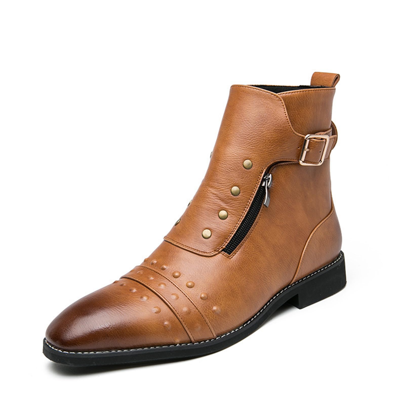 Men's Leather Studded Chelsea Boots with Side Zipper,Adjustable Buckle Comfort Chunky Hee…