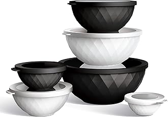 COOK WITH COLOR Mixing Bowls with Lids - 12 Piece Plastic Nesting Bowls Set includes 6 Prep Bowls and 6 Lids, Diamond Design - Microwave Safe, Black and White