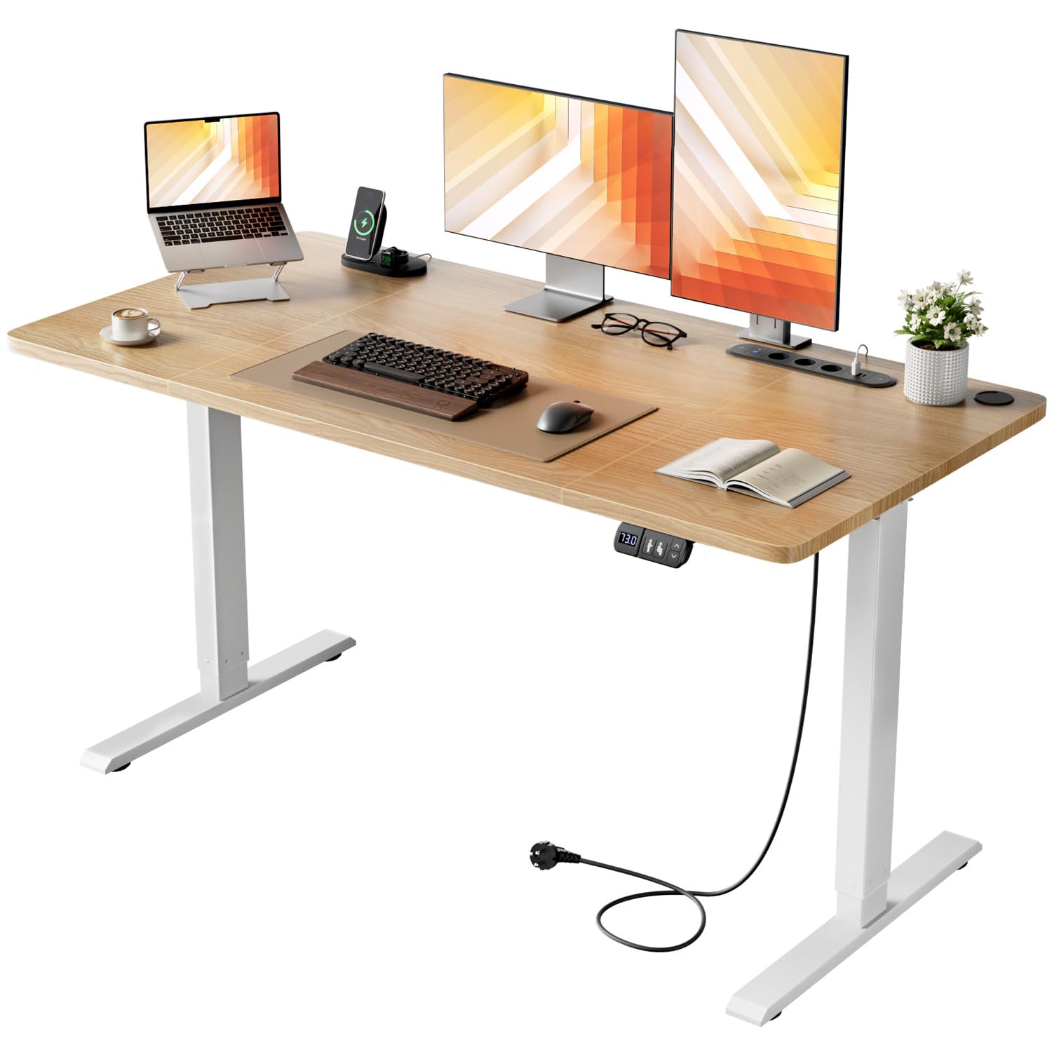 HLONONE Höhenverstellbarer Schreibtisch mit USB-Ladeanschluss und Steckdose, 120 × 60 cm Elektrischer Schreibtisch, Verstellbarer Computertisch mit 2-Funktions-Memory, Ahorn
