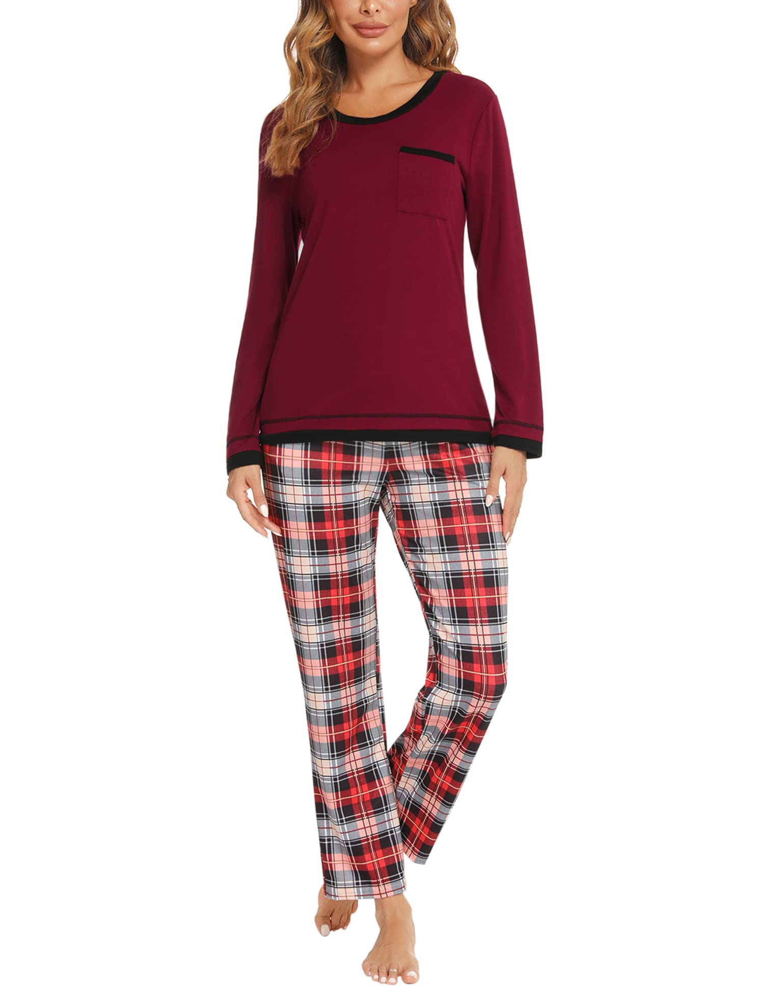 Marvmys Pigiama da Donna in Cotone Manica Lunga Pigiama Due Pezzi Invernale T-Shirt e Pantaloni con Tasche