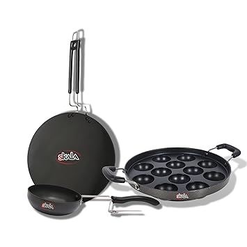 SKALA Cookware Combo Pack of Tadka Pan 12cm | Concave Tawa 30cm 5mm | Nonstick Panniyarakal 12 Pits | Hard Anodised [Non-Induction]