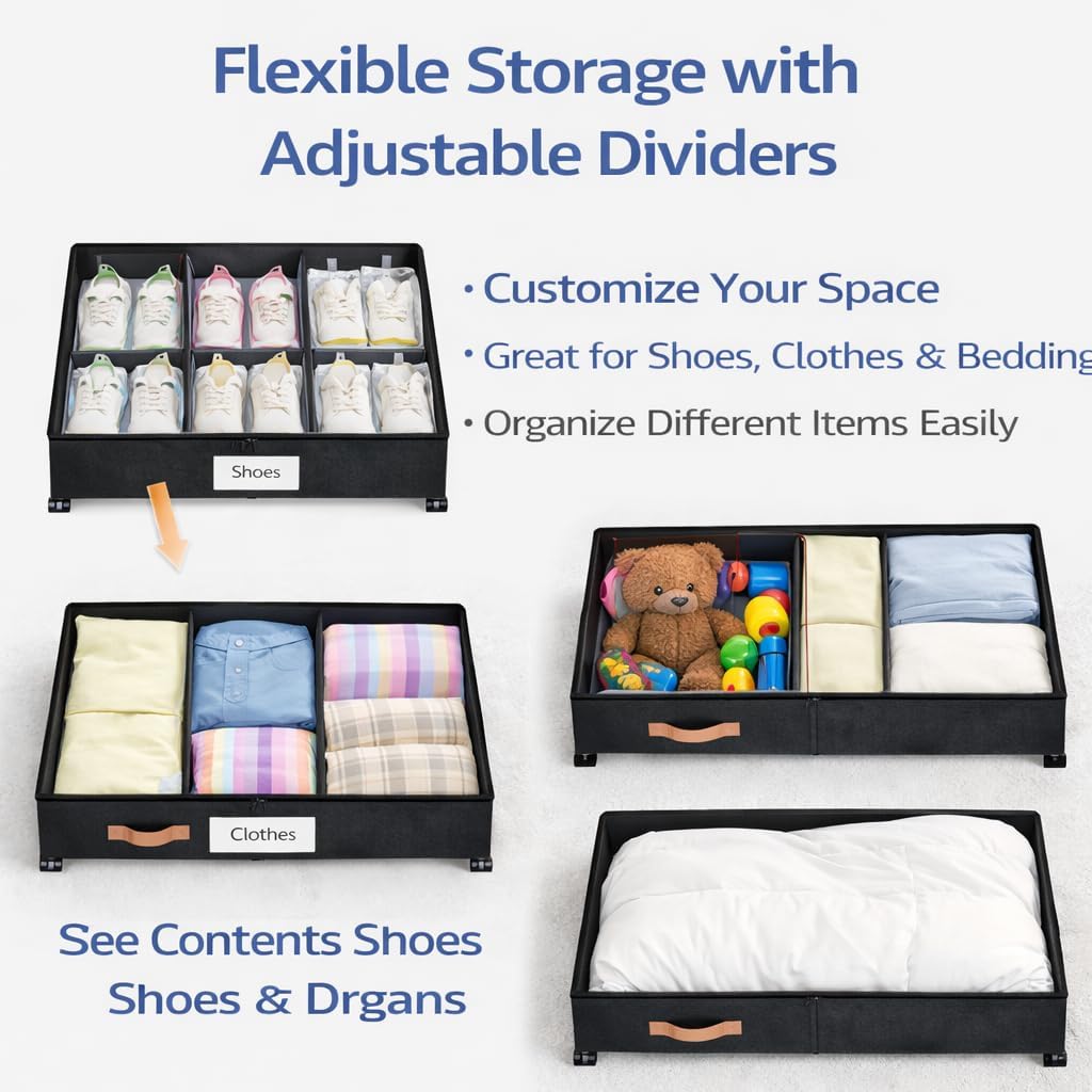 Under Bed Storage with Wheels, Under Bed Storage with Dividers, 66L Rolling Organizer with Clear Lid and 3 Compression Bags for Clothes, Blankets, Bedding and Shoes