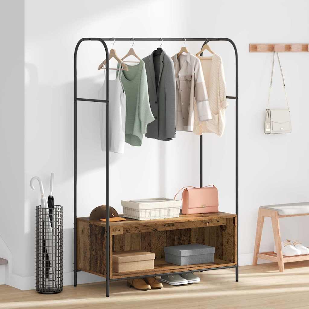 Kleiderständer Braun Eichen-Optik 100 x 44 x 160 cm freistehend aus Holz und Metall stabil mit Haken und Rollen platzsparend für Schlafzimmer Flur Wohnzimmer Aufbewahrung