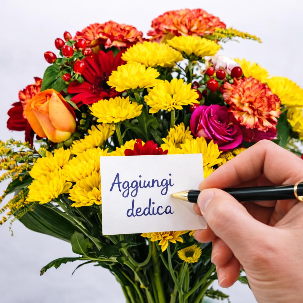 eFiori - Consegna a MANO da un FIORISTA Fiori Freschi a domicilio, Mazzo di Fiori VERI tonalità calde + Verde decorativo. DEDICA INCLUSA -> Opzione regalo