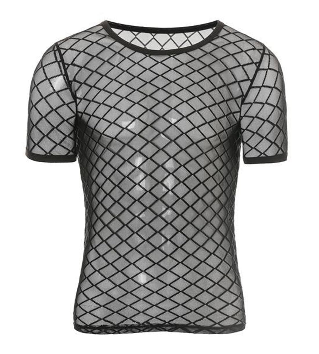 Men's Sheer Mesh T-Shirt, Sexy See Through Short Sleeve Tank Top for Men, Breathable Tight Quick Dry Undershirts for Workout, Crew Neck Mesh Crop Top Transparent T-Shirts for Party Rave Disco Clubwear