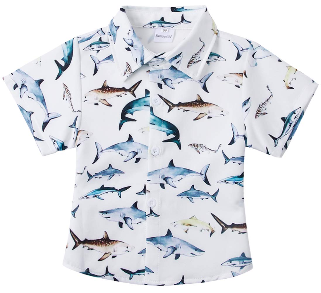 RAISEVERNBoys Button Down Shirts Hawaiian Cartoon Print Slim-Fit Short Sleeve Cool Dress Shirt Cute Top for Kids(2-10T)