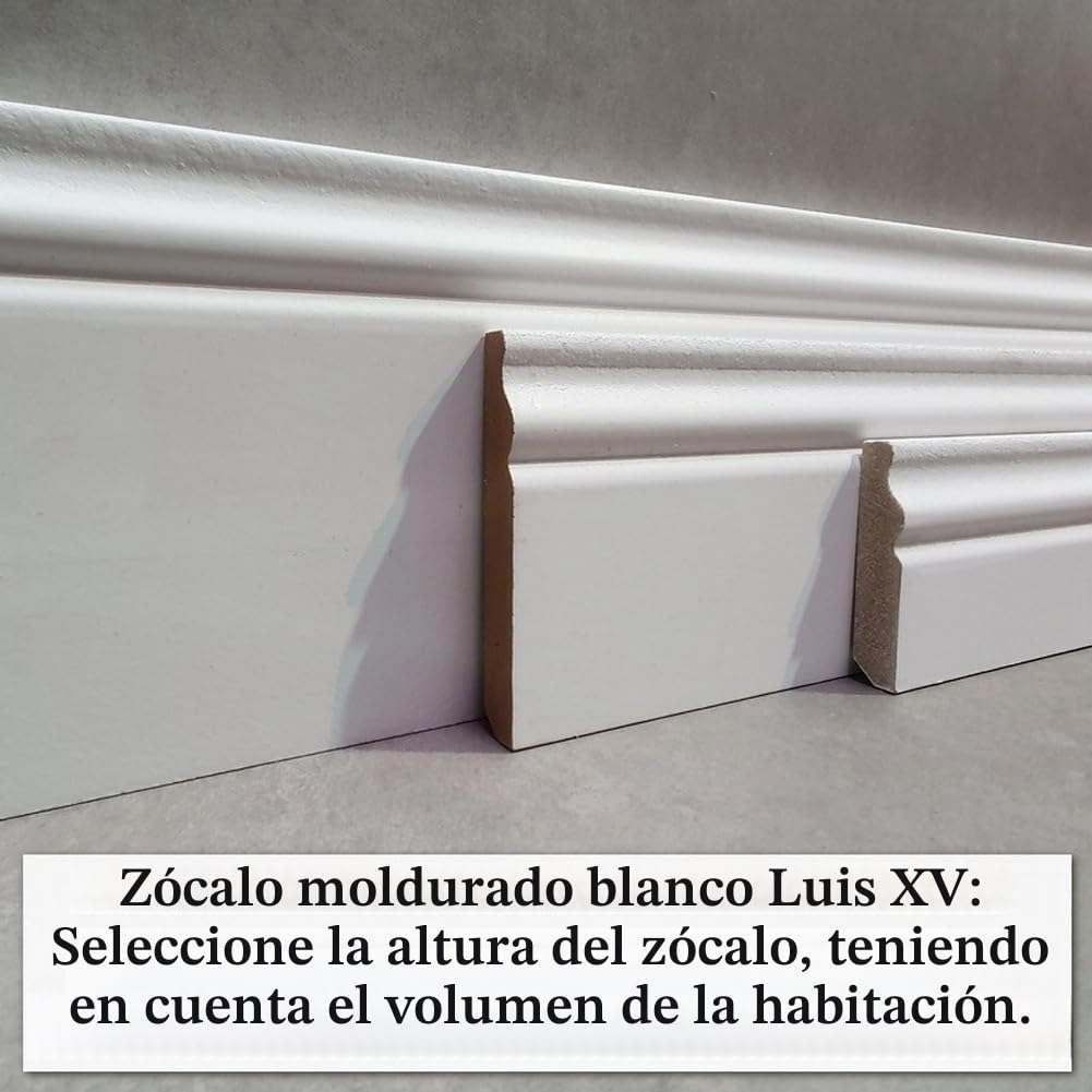 MadeInNature, Zócalo de medio moldeado de estilo Luis XV prepintado blanco de muy alta calidad, diferentes dimensiones, fabricación francesa (largo. 2 m Altura 8 cm, 6 ml)