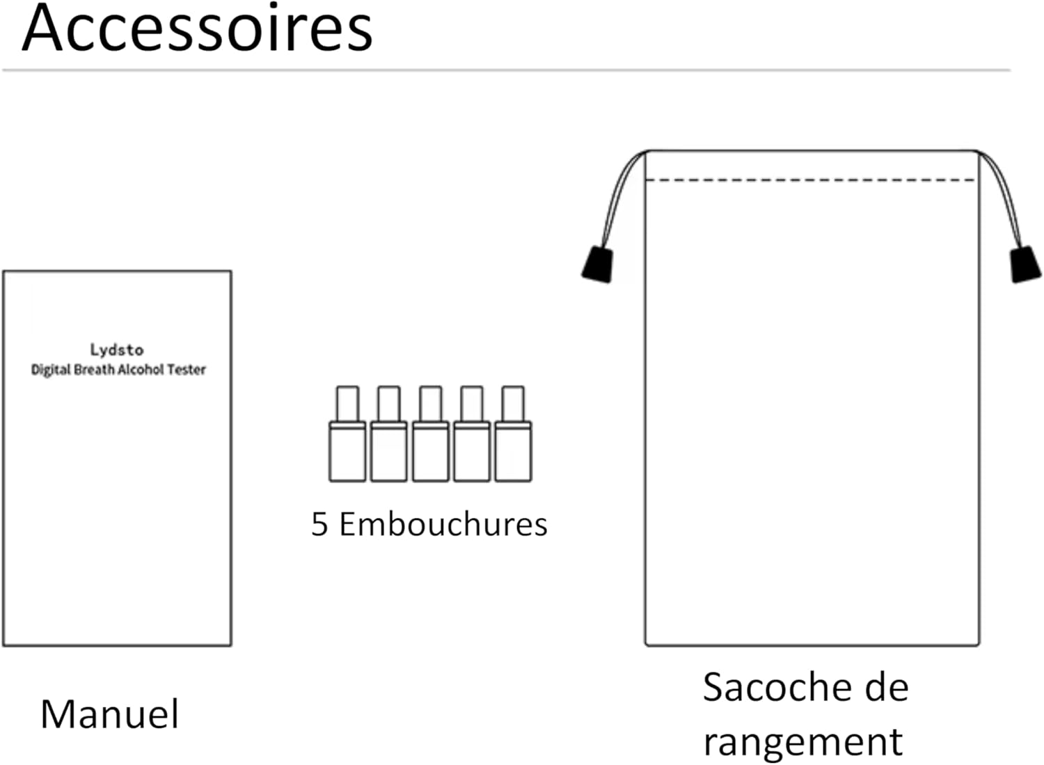 Contents of the Lydsto Breathalyzer package including device, mouthpieces, pouch, and manual