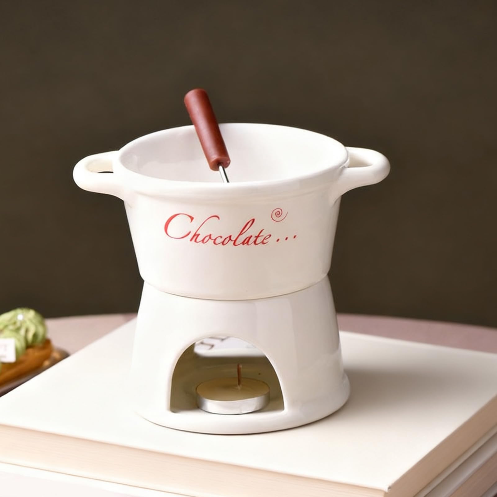 Kubek do czekoladowego fondue 330 ml, zestaw garnków do topienia czekolady z widelcem, zestaw ceramicznych kubków do fondue, przenośny podgrzewacz deserowy do karmelu, sera, masła, sosów, cukierków