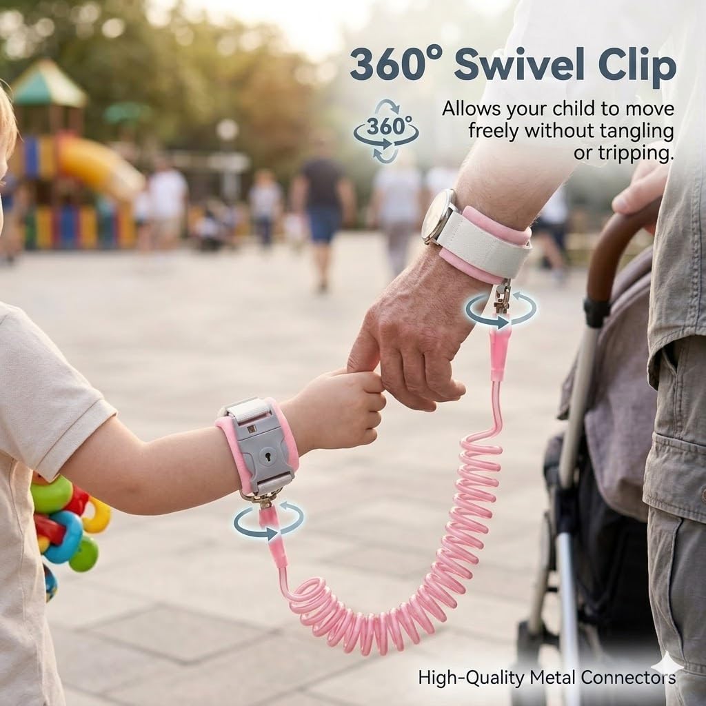 98 inch Retractable Toddler Anti-Lost Wrist Link, Upgraded Safety Leash with Steel Wire, Breathable Padded Wristband for Kids, Child Harness for Walking, Shopping, Travel, Outdoor Activities-Pink — view 3