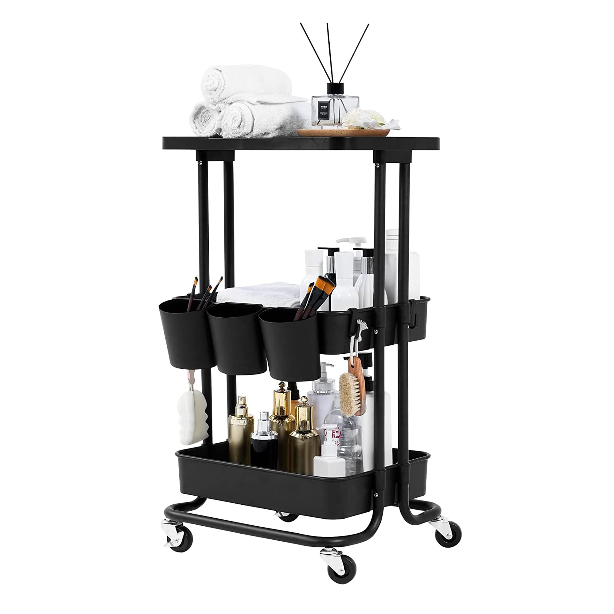 BEEY Metal Storage Baskets with Wheels, Metal Wire Market Basket Storage Organizer Cart Rolling Stackable Storage Bins for Kitchen,Pantry,Bedroom (