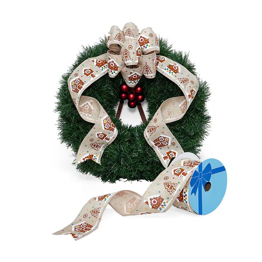 Image of Gingerbread Houses Wired Christmas Ribbon - 2 1 /2 inch x 10 Yards, Brown, White, Glitter, Wreath Decor, Christmas Tree Ribbon, Bows, Garlands