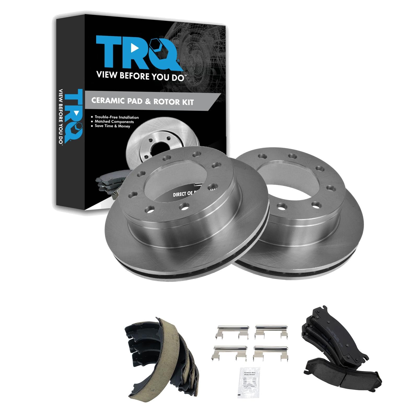 TRQ Rear Brake Pad and Rotor Set Ceramic Vented Rotors Compatible with 1999-2010 Chevrolet Silverado 2500 HD 3500, Suburban 2500 Avalanche 2500 2004-2009 GMC Sierra 2500 HD 3500, Yukon XL 2500