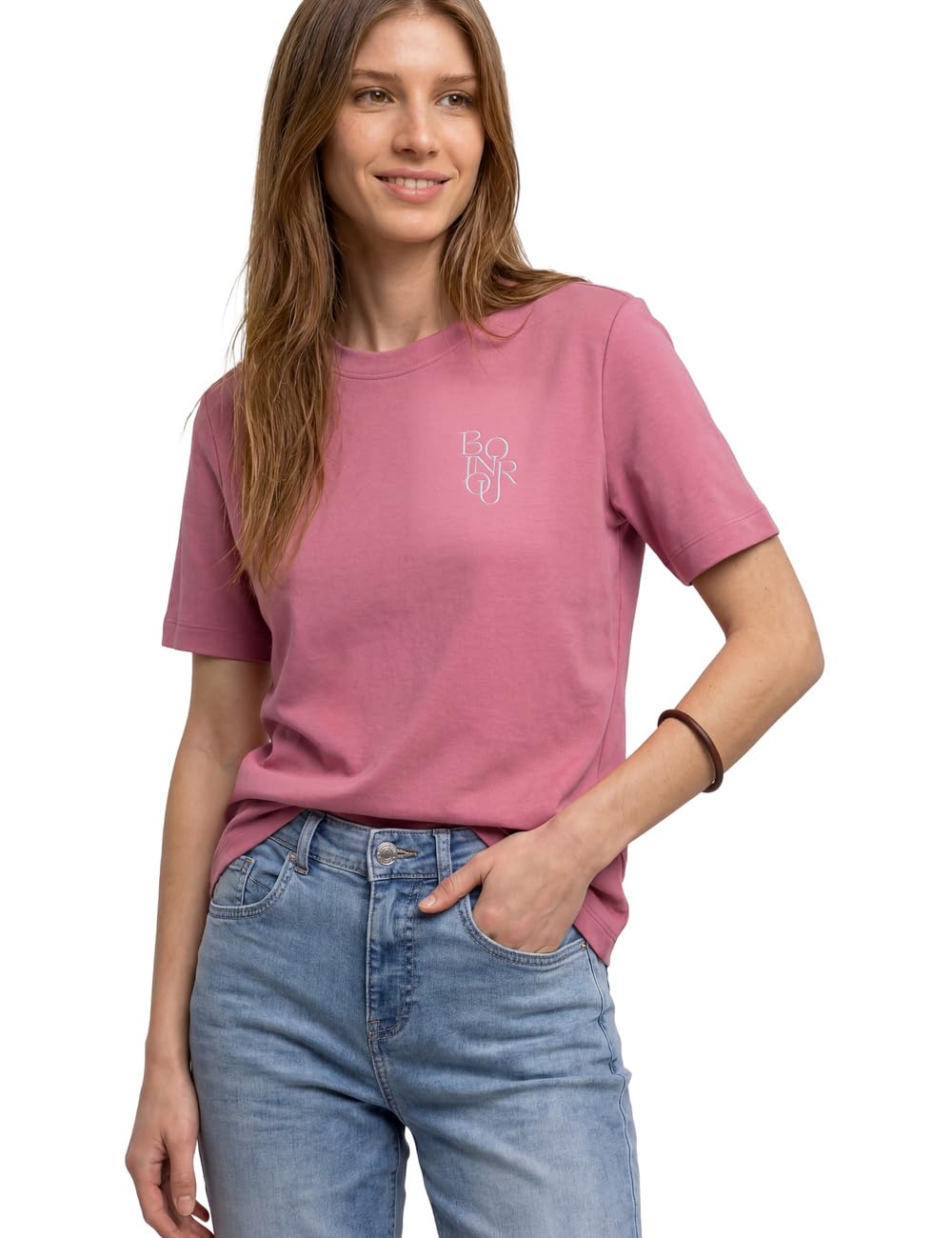 Street One T-Shirt with Crew Neck and Chest Print Blush Berry 44