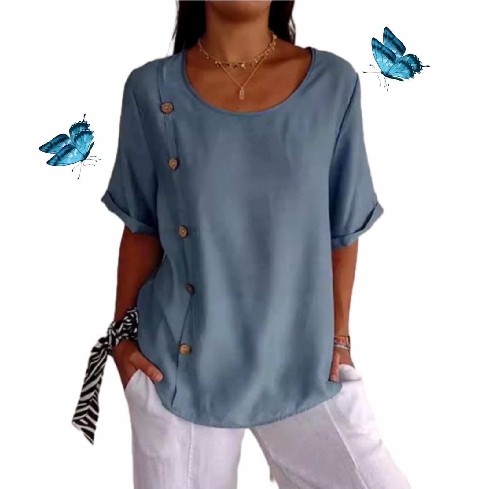 WINDEHAO Blusa de algodón y lino con cuello redondo y botones laterales para mujer, de verano, informal, de manga corta, con múltiples botones