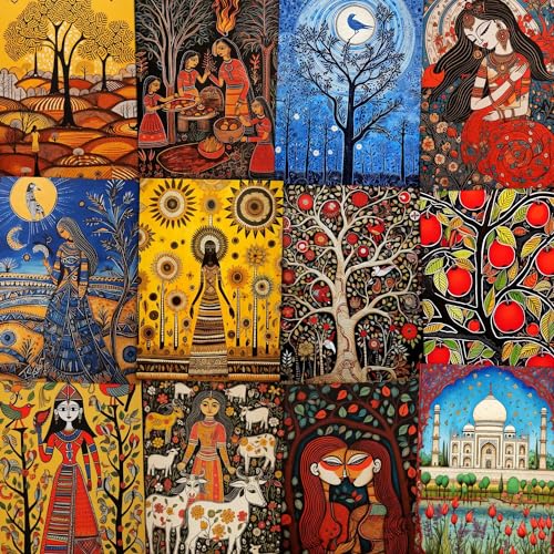 Image of Wallgasm Traditional Madhubani Poster Set - Set of 54, 4 x 6 Inches Posters Posters For Living Room, Office, Bedroom Traditional Madhubani Painting Inspired