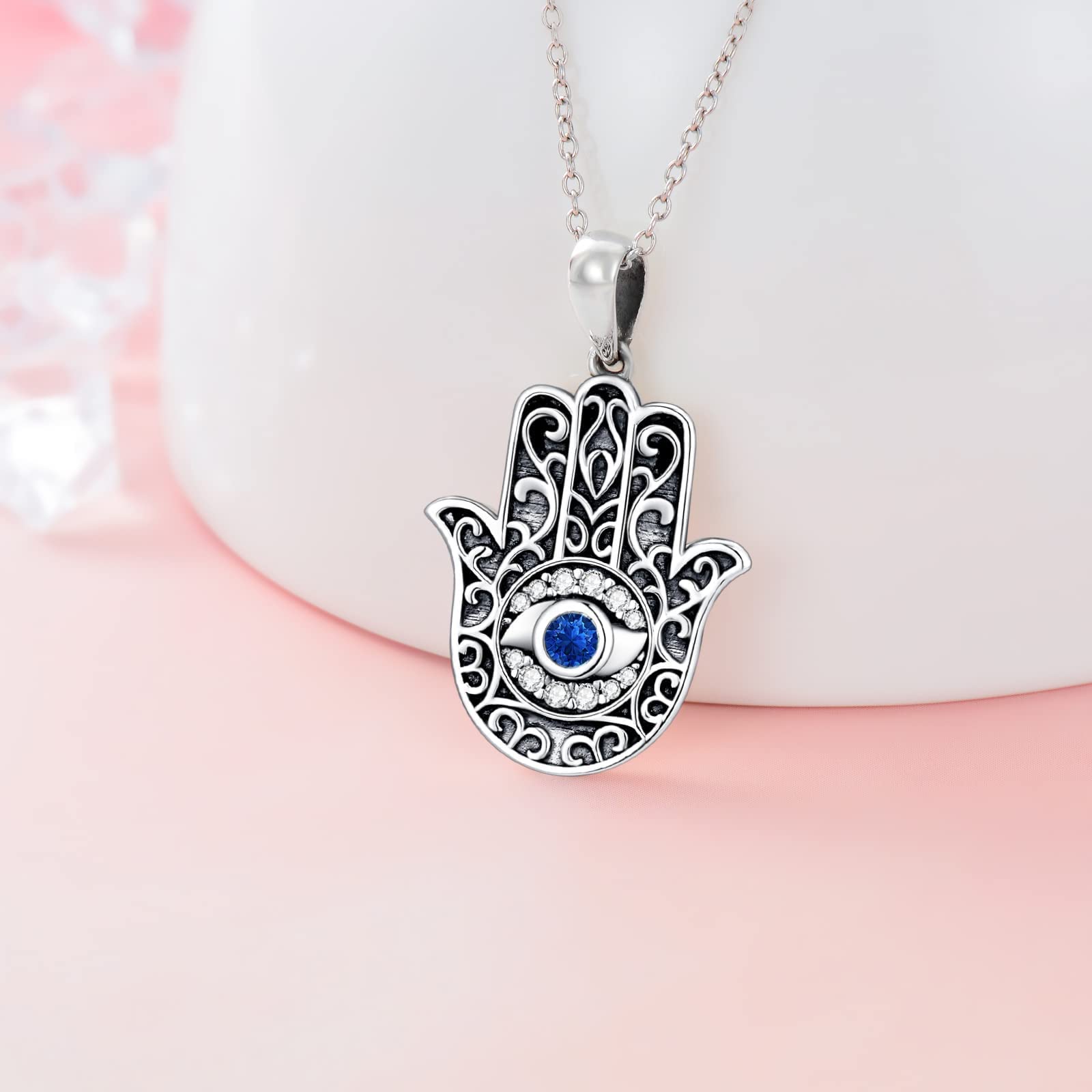 Collar contra el mal de ojo con cristal de plata de ley 925 con colgante de mano de Hamsa, sol y mal de ojo, regalo para mujeres y hombres