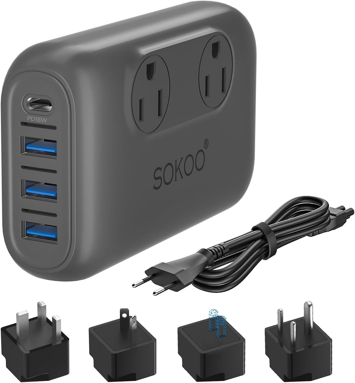 SOKOO 230-Watt Step Down 100-220V to 110V Voltage Converter, International Power Converter/Travel Adapter- Use for EU/UK/AU/US/India More Than 150 Countries, USB Quick Charger 3.0 Grey