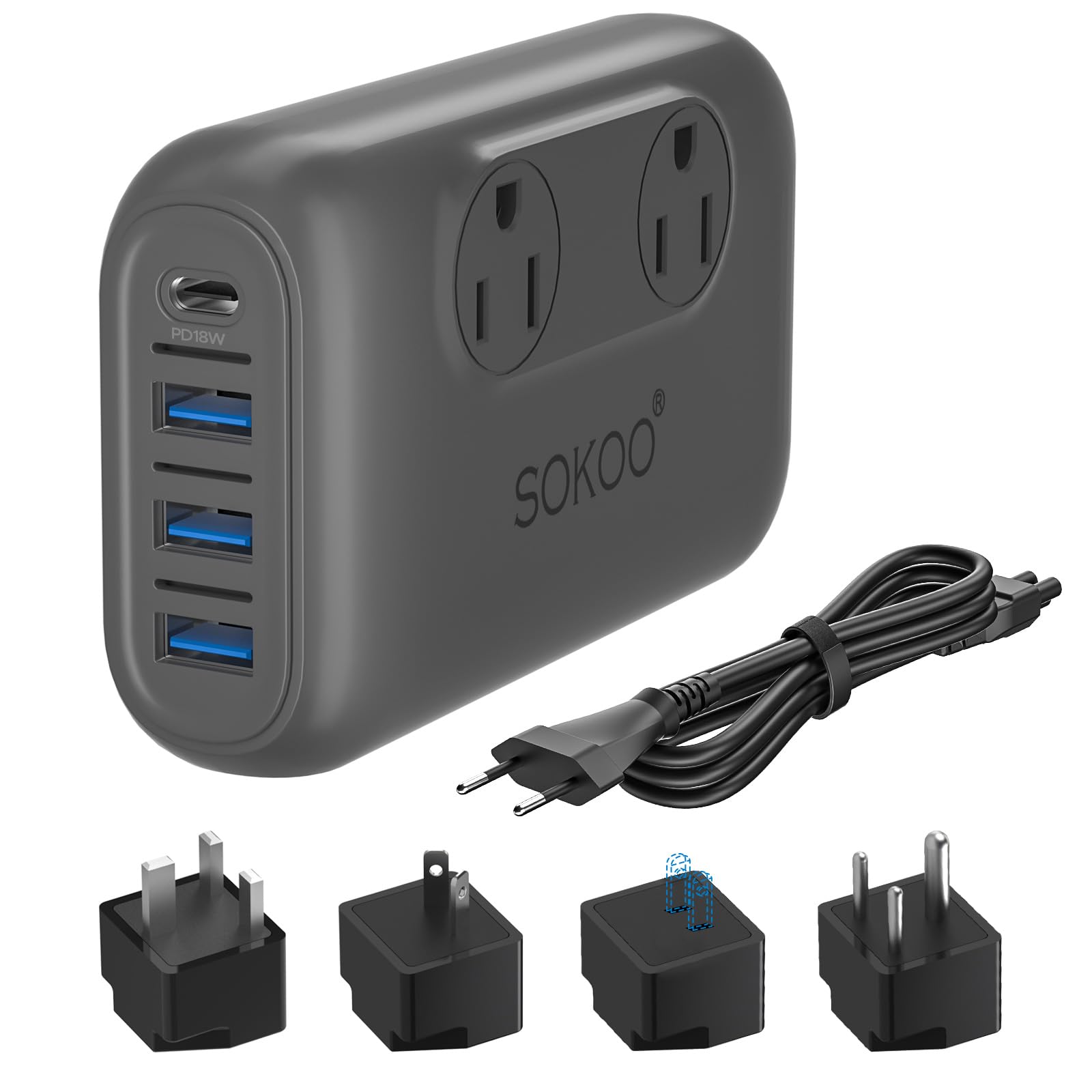 SOKOO 230-Watt Step Down 100-220V to 110V Voltage Converter, International Power Converter/Travel Adapter- Use for EU/UK/AU/US/India More Than 150 Countries, USB Quick Charger 3.0 Grey