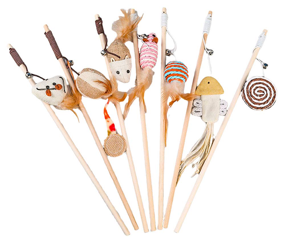 7pcs Kitten Cat Toy Natural Feather Teaser,Feather Ball Mice Fish Interactive Cat Toys, Teaser Wand Pet Toy