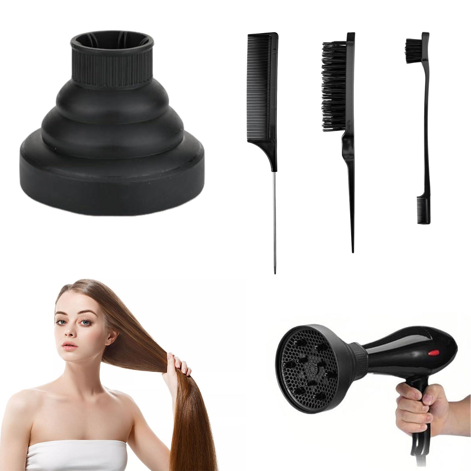 Diffusore Capelli Ricci,Diffusore Silicone Universale,Diffusore capelli ricci universale,Diffusore Pieghevole Capelli Ricci,Nero