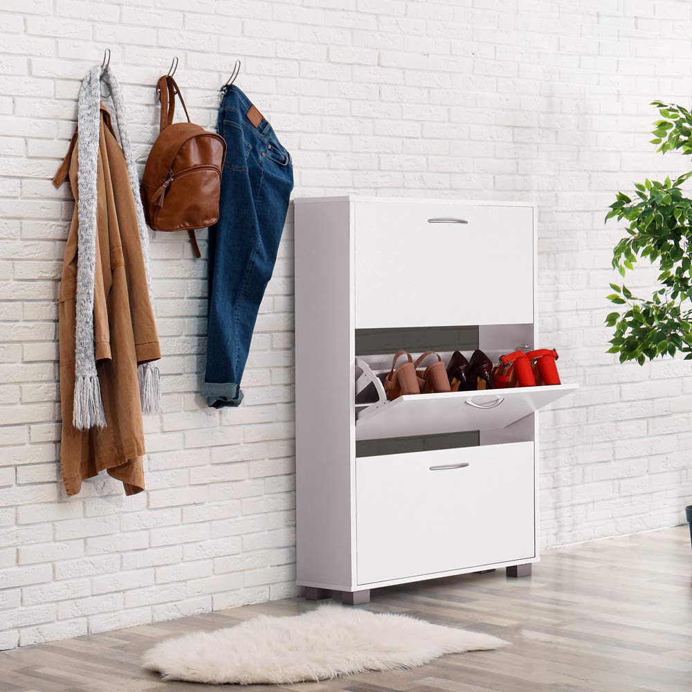 Casaria® Schuhschrank für 18 Paar Schuhe Schmal 115x60x25cm 3 Klappen Hoch Holz Geschlossen Kippsicherung Flur Diele Schuhkipper Schuhkommode Weiß