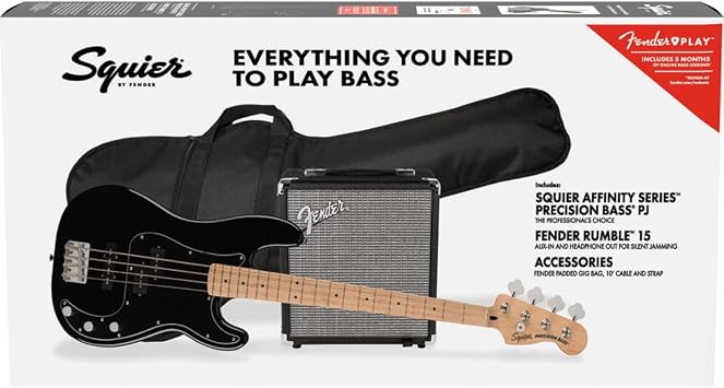 Squier Affinity Series Precision Bass Pack, Black, Maple Fingerboard, with Gig Bag and Rumble 15 Amp