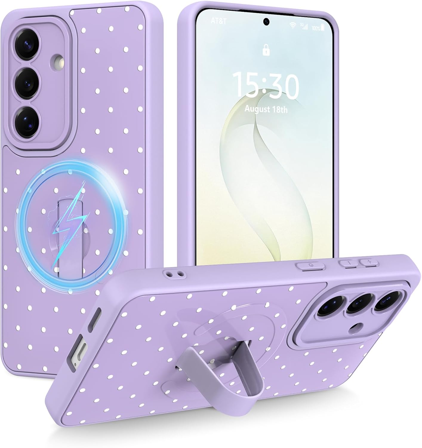 KANGHAR for Samsung Galaxy S26 Case, Cute Polka Dot Phone Cover with Kickstand & Adjustable Finger Strap, Full Camera Protection, Shockproof Protective Magnetic Cover - Purple