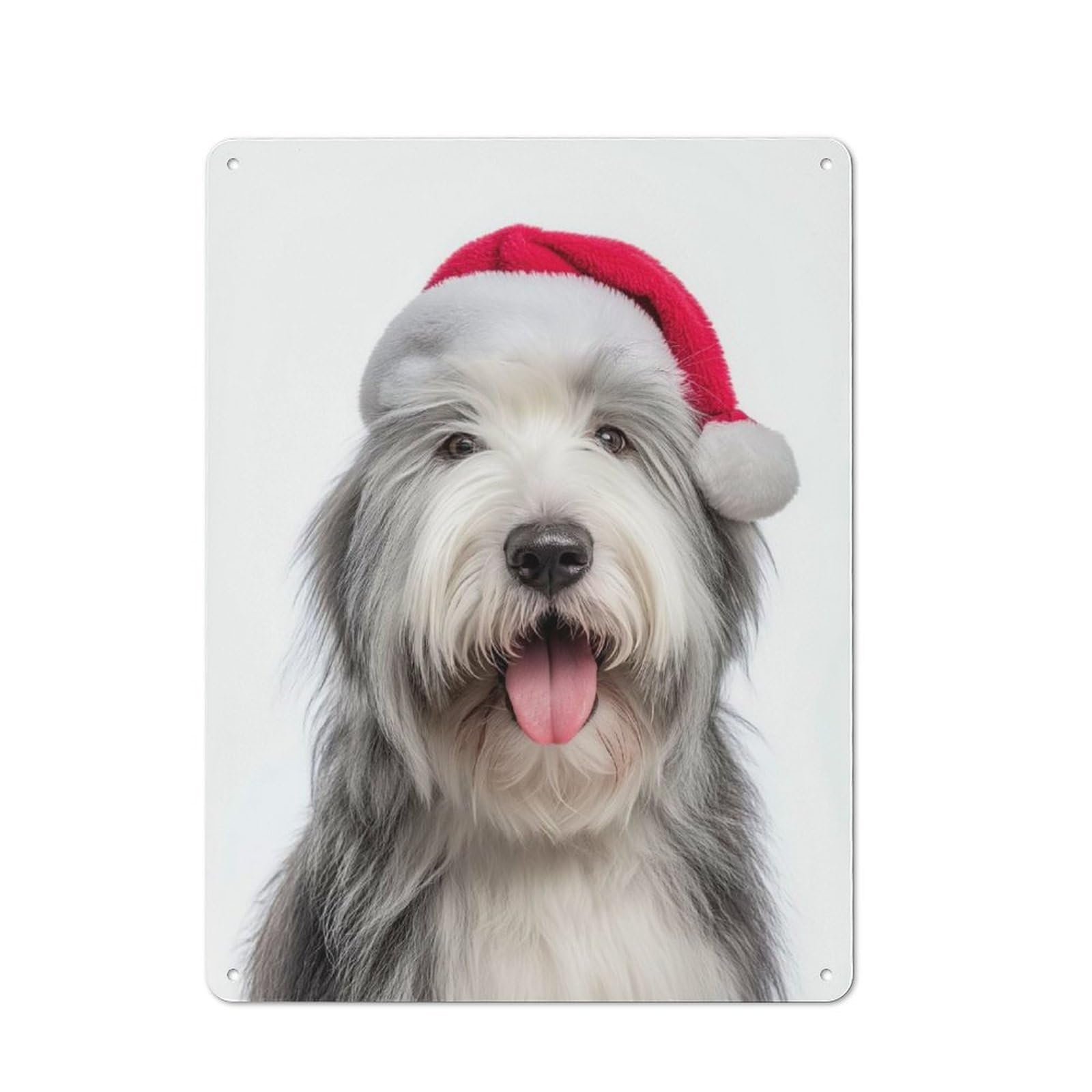 Junmoney Old English Sheepdog With Santa Hat Nostalgic Metal Wall Sign 40X30cm, Bar Wall Plaque For Pub, Home Bar, Shed Or Man Cave