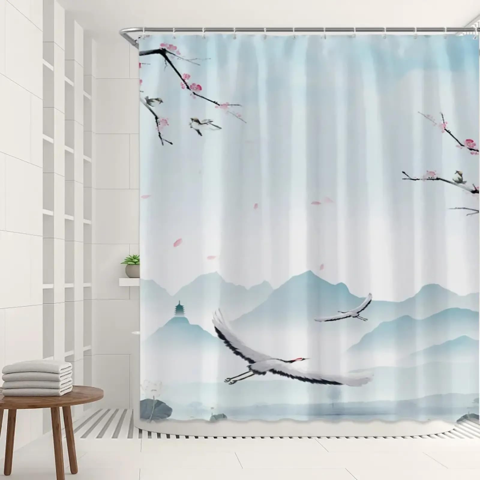 Rideau de douche en tissu bleu ombré 176x178cm avec crochets
