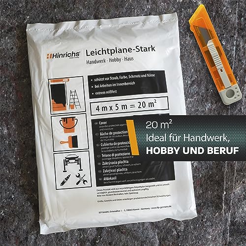 Hinrichs Abdeckfolie 4x5m - 20m² Malerfolie extra stark & transparent - Schutzfolie für Möbel & Böden - Profi-Malerbedarf - Maler Zubehör Plastikfolie zum abdecken- HDPE Folie mit 7my Stärke