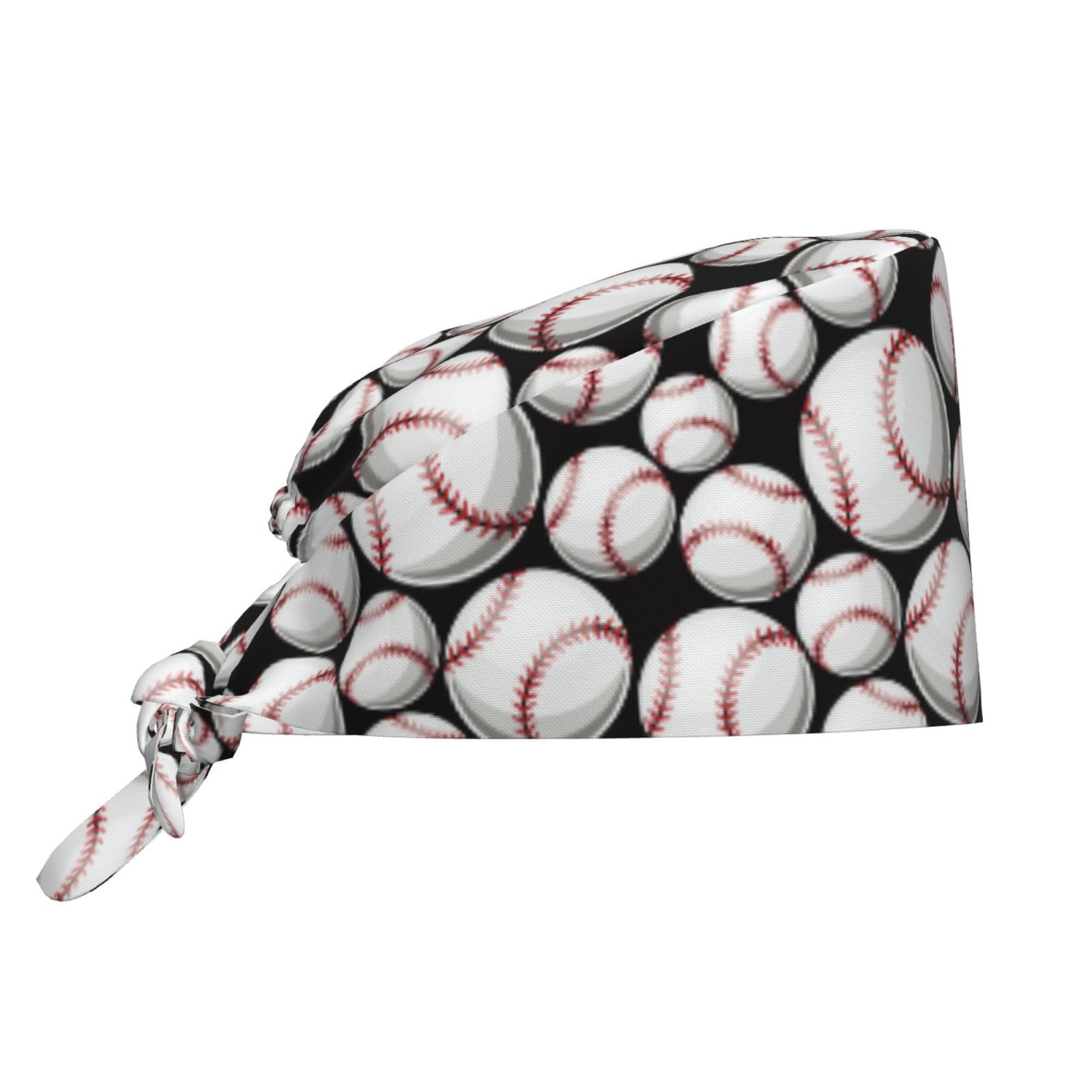 Kuilepa Cute Baseball Print Working Caps With Sweatband Adjustable Working Hats Elastic Scrub Hats Nurse Scrub Cap