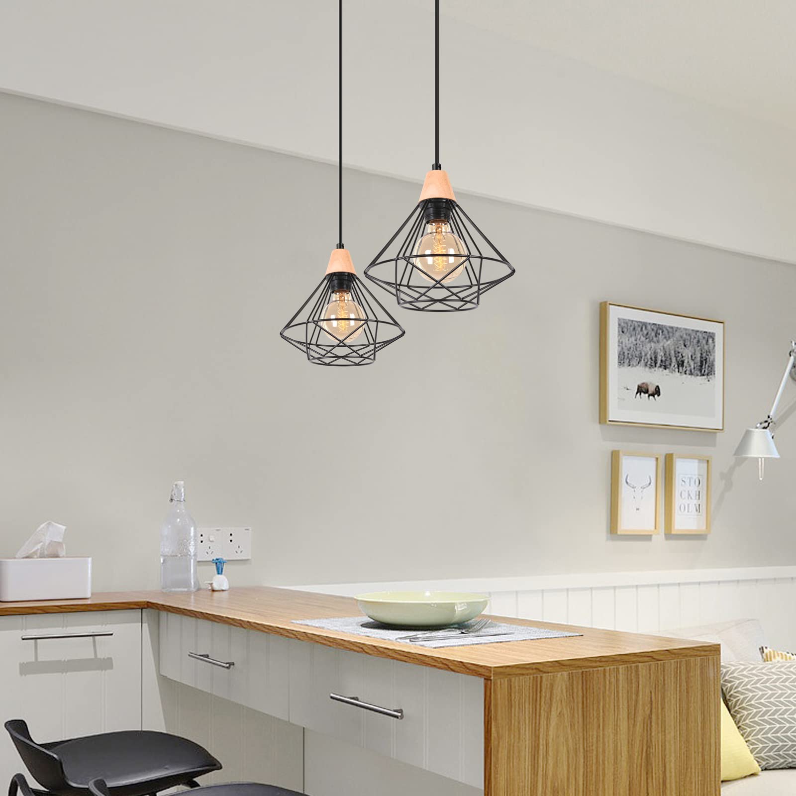 iDEGU 2 Luci Lampadario a Sospensione Vintage Industriale, Lampada da Soffitto in Legno e Metallo Nero Gabbia Geometrica 22cm Retro Lampada a Sospensione Interni per Camera da Letto Cucina (Piatto)