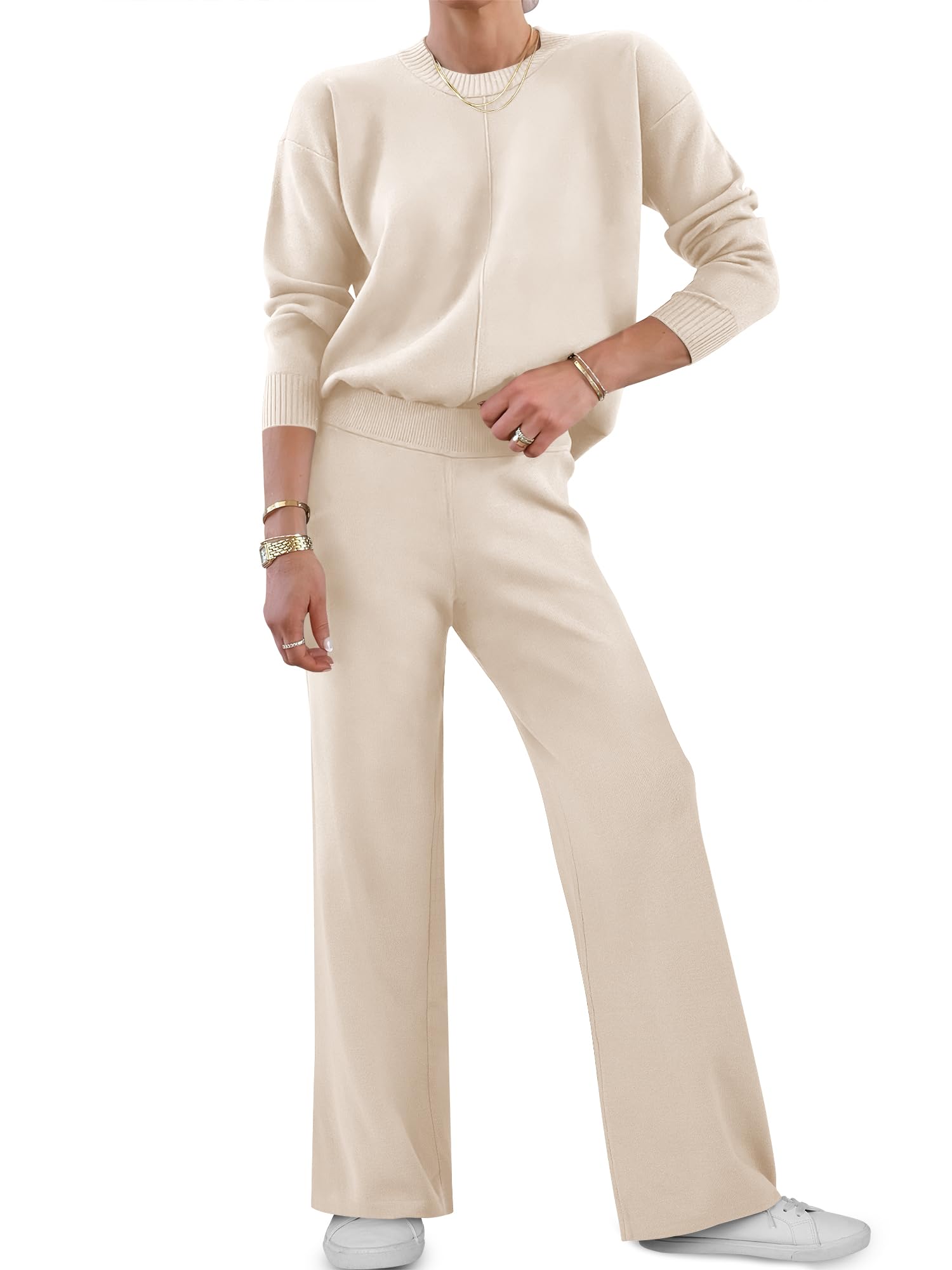 ANRABESSWomens Two Piece Outfits Lounge Sweater Sets Casual Pullover Knit Tops Wide Leg Pants 2024 Fall Clothes