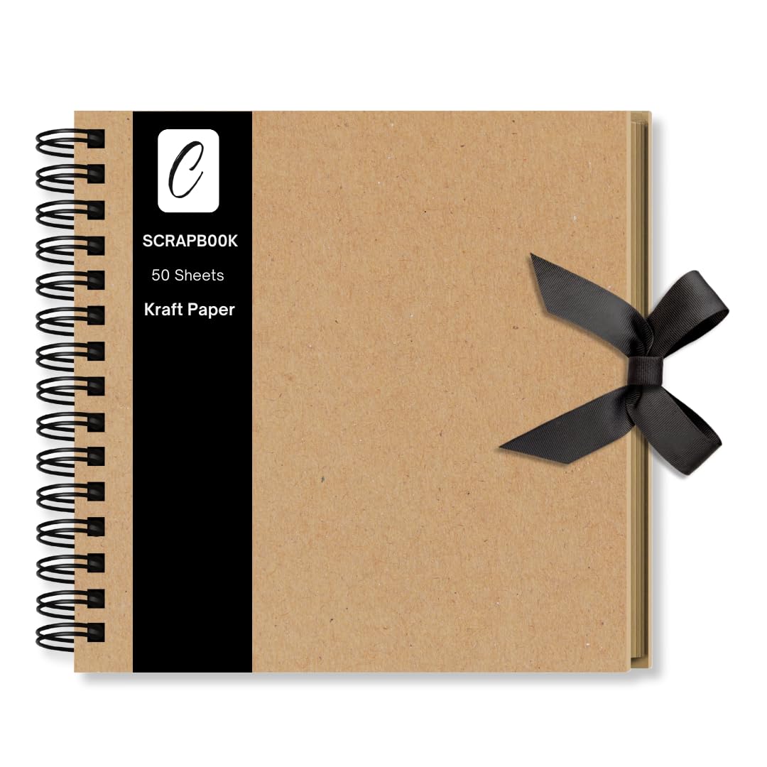 Scrapbook Photo Album 100 Pages (20 x 20 cm),Spiral-Bound Brown Kraft Paper with Ribbon Closure - Ideal for Scrapbooking, Photo Albums, Memory Books,Creative Journal and Arts & Crafts Project