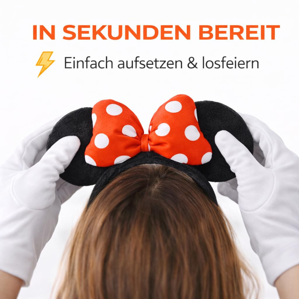 FASCHINFEVER Zestaw 2 par uszu myszki – kostium Myszki Minnie, zestaw z uszami i rękawiczkami dla kobiet na karnawał