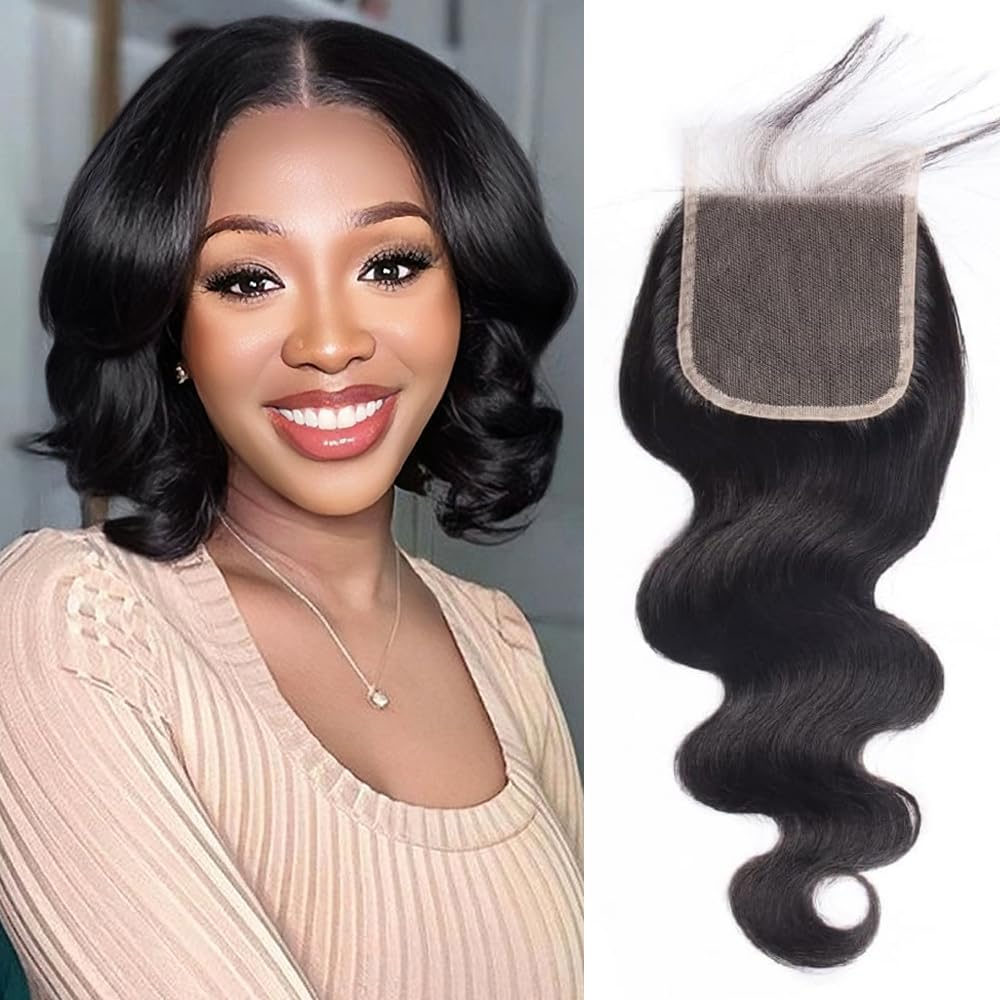 Selina Hair 4x4 Body Wave Lace Closure Human Hair 8 Inch Free Part Unprocessed Brazilian Virgin Hair with Baby Hair Natural Black Color