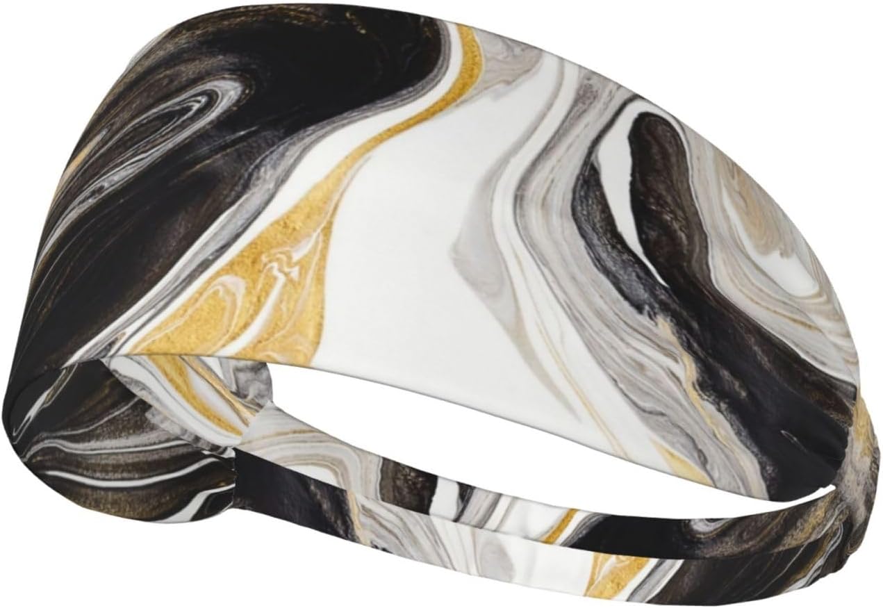 Black and Gold Swirl Liquid Ink Marble Workout Headbands Fashion Sports Sweatbands Yoga Hairbands for Fitness Athletic Non Slip Wicking Headscarf for Men Womens Girls Summer Accessories Elastic Bands