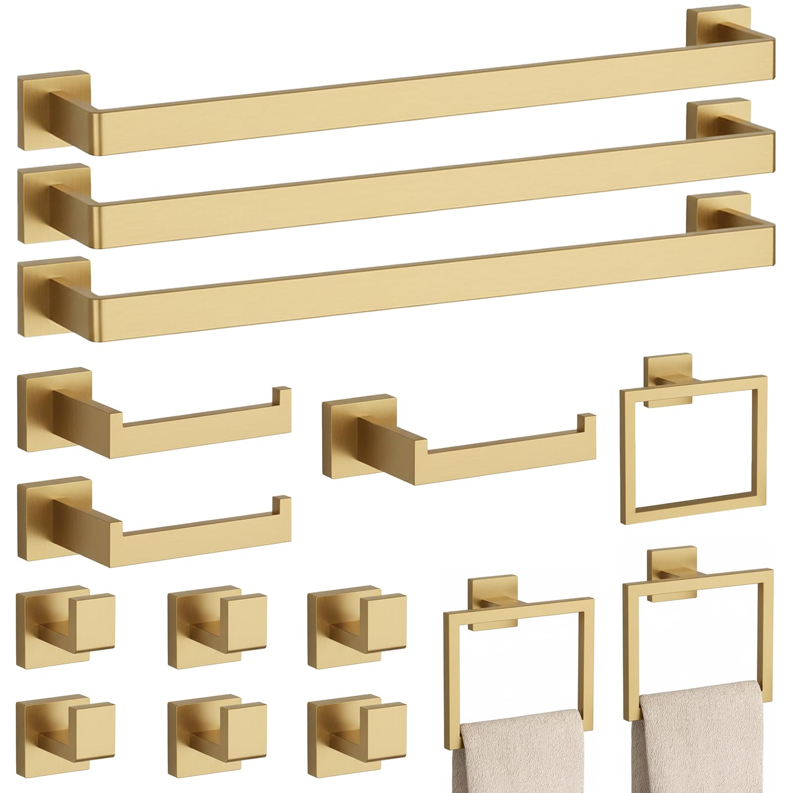 15-Piece Brushed Gold Bathroom Accessories Set – 23.6" Towel Bar, Towel Ring, Toilet Paper Holder & Hooks, Wall Mounted Bathroom Hardware, Rust & Corrosion-Resistant, Ideal for Modern Bathrooms