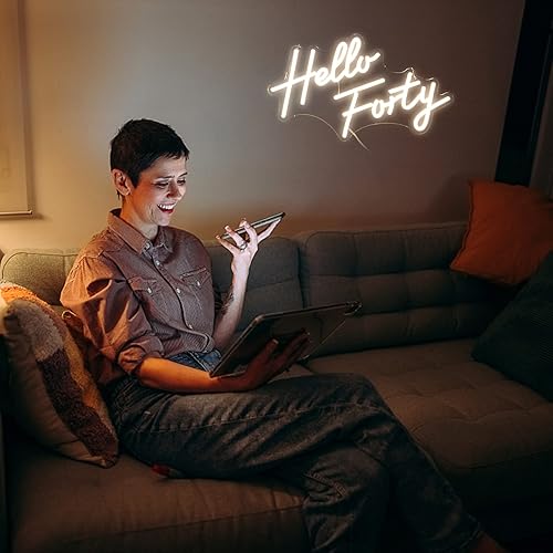 Miniatura 6 de Letrero LED de neón de Hello Forty de 16.5 x 9.4 pulgadas, decoración de pared regulable para 40 cumpleaños, dormitorio, oficina, salón de belleza
