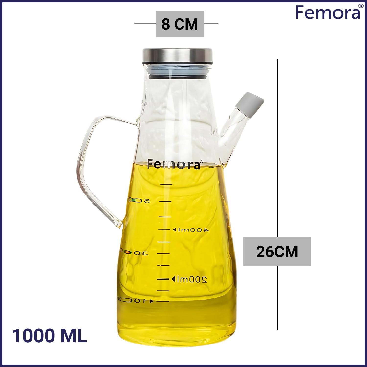 Femora Borosilicate Glass Oil Dispenser 650ml | BPA Free | Drip-Free Pour Spout | Capacity Markings | Light Protective | Non-Slip Silicone Base | 1 Year Warranty | For Oil, Vinegar, Soy Sauce