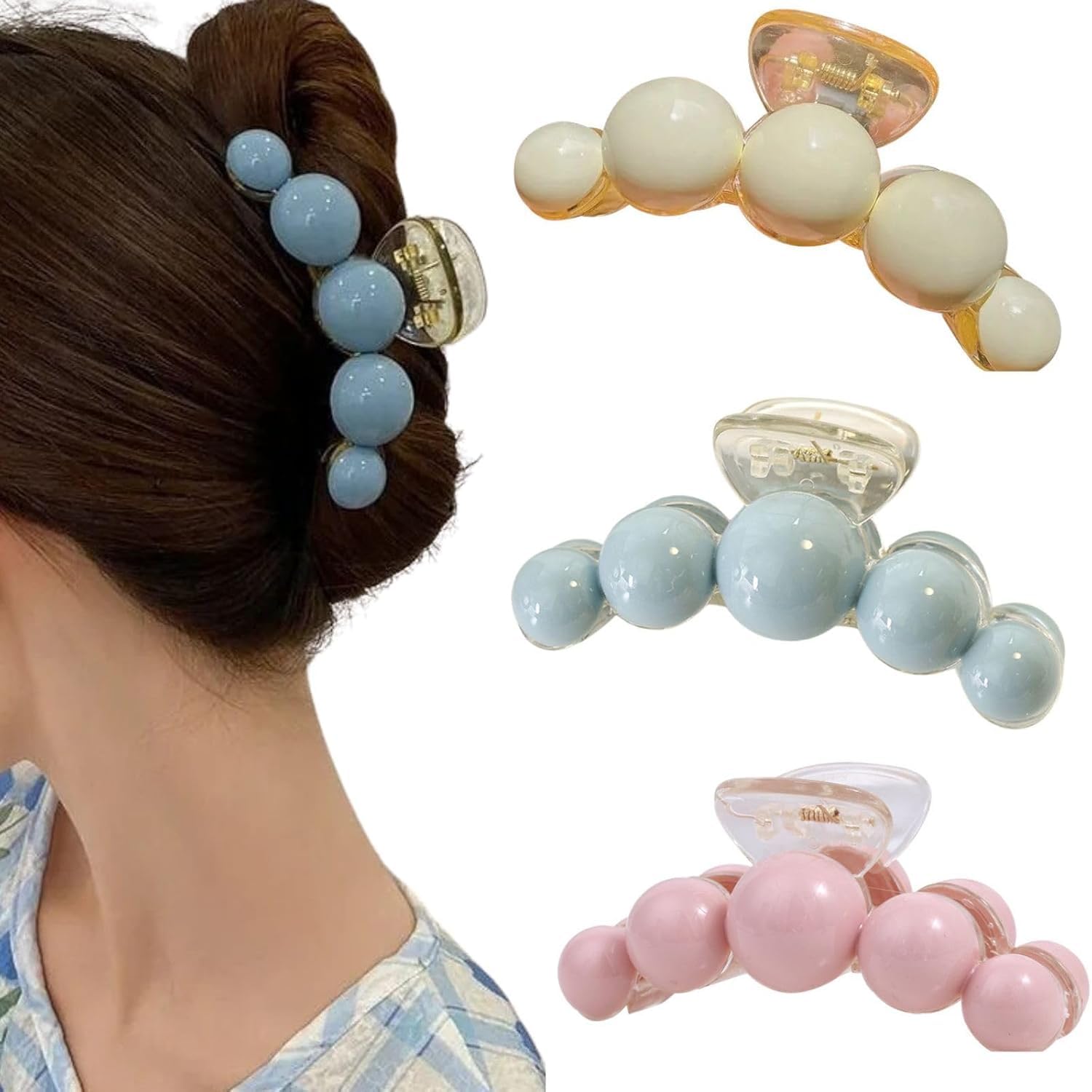 Diversa Pearl Large Shark Hair Claw Clip, Big Pearl Clutcher, Summer Hair Accessory For Women & Girls, Stylish Trendy Hair Claw Clutcher, Multicolor, Pack of 3